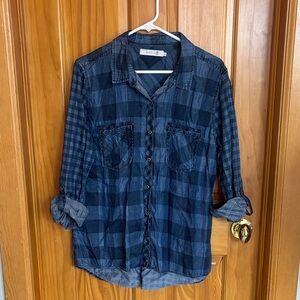 BILLY T Navy and Checkered Women’s Denim Button Up Shirt